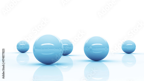 five blue reflective spheres blending into a bright white environment