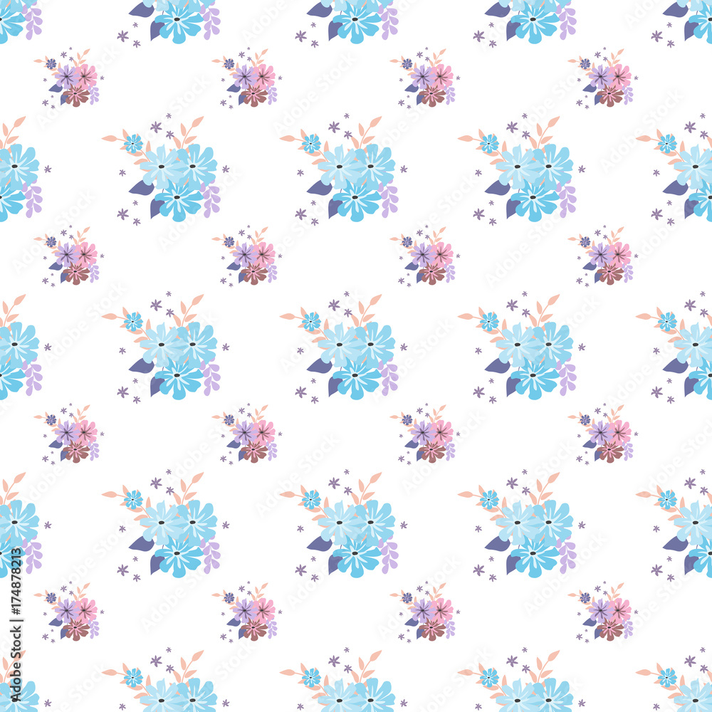 Seamless floral pattern. Background in small blue and pink flowers on a white background for textiles, fabrics, cotton fabric, covers, wallpapers, print, gift wrapping, postcard, scrapbooking. Seamless floral pattern. Background in small blue and pink flowers on a white background for textiles, fabrics, cotton fabric, covers, wallpapers, print, gift wrapping, postcard, scrapbooking.