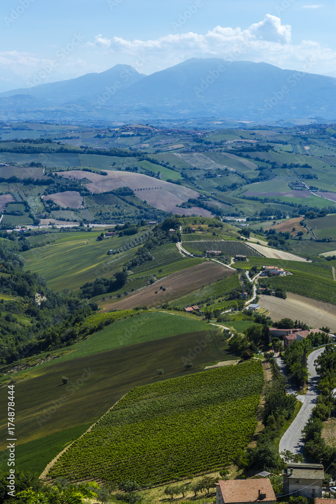 Beautiful panoramic view of the Appenins mountains with fields and hills, Italy