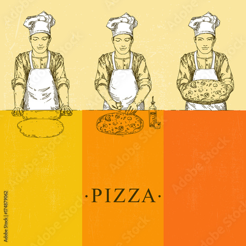 Prepares a pizza. Cook rolls out the dough, prepares a pizza, holding a plate of pizza. Vintage style. Vector illustration.