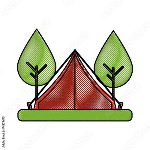 camping tent surrounded by trees icon image vector illustration design