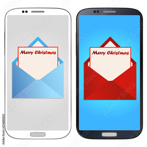 Merry Christmas, it's mail on the phone. Vector greeting through SMS and social networks, template.