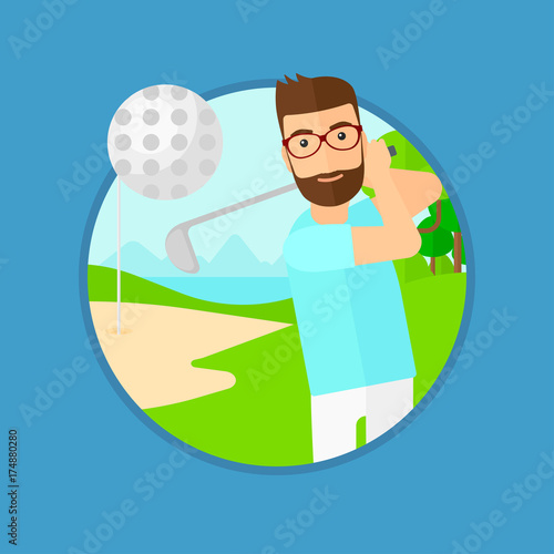 A hipster golfer with the beard hitting the ball. Professional golfer on golf course. Young man playing golf. Vector flat design illustration in the circle isolated on background.
