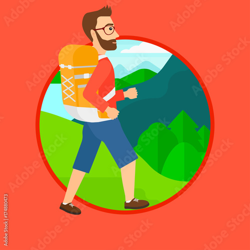 A hipster man with the beard hiking in mountains. Traveler with backpack mountaineering. Hiking man with backpack walking outdoor. Vector flat design illustration in the circle isolated on background.
