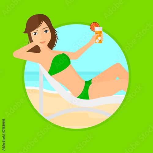 Woman sitting in a chaise longue on the beach. Young woman drinking a cocktail on the beach. Woman relaxing on beach chair. Vector flat design illustration in the circle isolated on background.