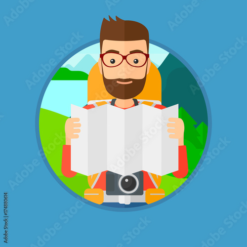 Traveler with backpack and camera looking at map. Hipster man travelling in mountains. Traveler searching right direction on map. Vector flat design illustration in the circle isolated on background.