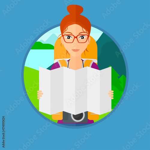 Traveler with backpack and camera looking at map. Young woman travelling in mountains. Traveler searching right direction on map. Vector flat design illustration in the circle isolated on background.