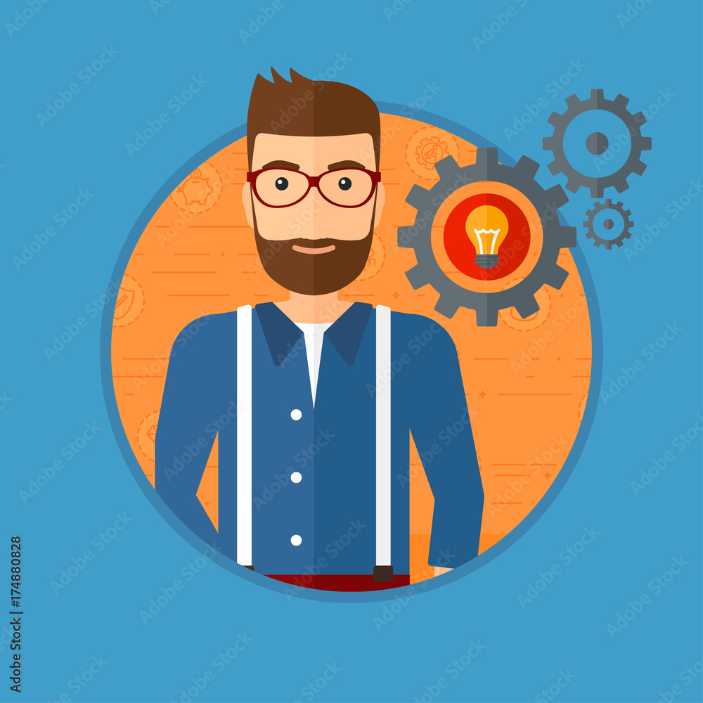 A hipster man with business idea bulb in gear. Young businessman having a business idea. Successful business idea concept. Vector flat design illustration in the circle isolated on background.
