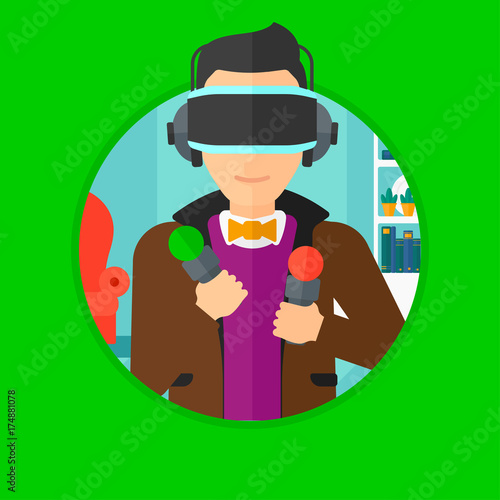 Young man wearing a virtual relaity headset and holding motion controllers in hands. Man playing video games in apartment. Vector flat design illustration in the circle isolated on background.