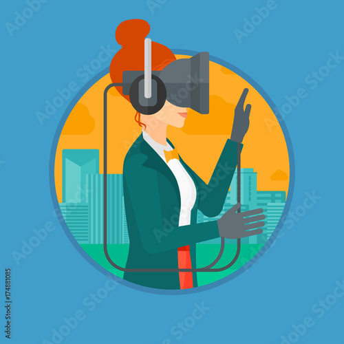 Young woman wearing a virtual relaity headset. Woman playing video games on a city background. Woman wearing gamer gloves. Vector flat design illustration in the circle isolated on background.