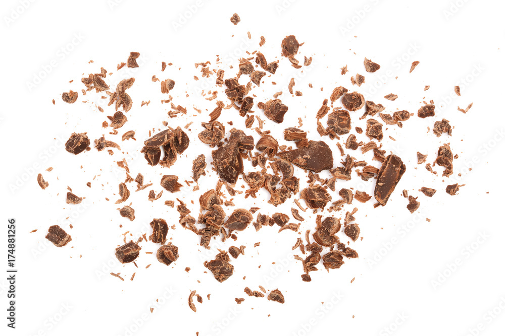 grated chocolate isolated on white background. Top view grated chocolate isolated on white background. Top view