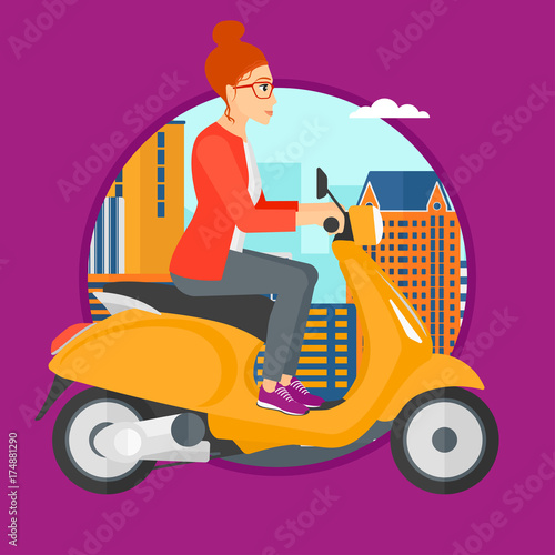 Woman riding a scooter on a city background. Young woman driving a scooter in the street. Vector flat design illustration in the circle isolated on background.