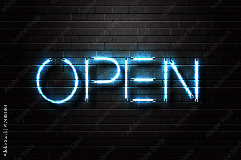 Obraz premium Vector realistic isolated neon sign Open lettering for decoration and covering on the wall background.