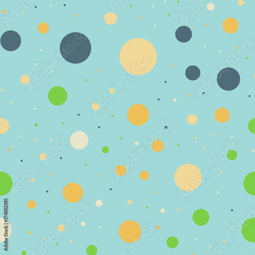 Colorful polka dots seamless pattern on bright 13 background. Outstanding classic colorful polka dots textile pattern. Seamless scattered confetti fall chaotic decor. Abstract vector illustration.