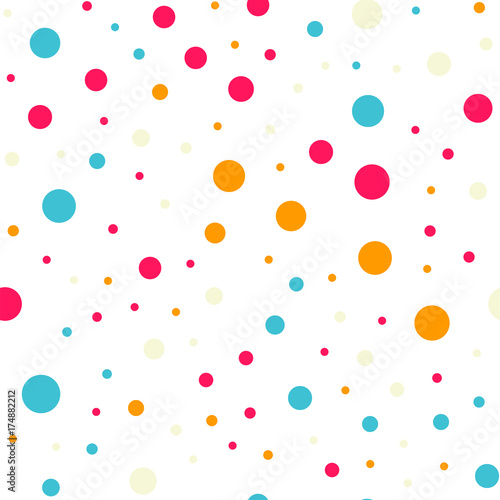 Colorful polka dots seamless pattern on white 18 background. Awesome classic colorful polka dots textile pattern. Seamless scattered confetti fall chaotic decor. Abstract vector illustration.