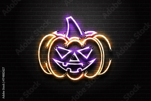 Vector realistic isolated neon sign of Halloween spooky pumpkin for decoration and covering on the wall background. Concept of Happy Halloween.