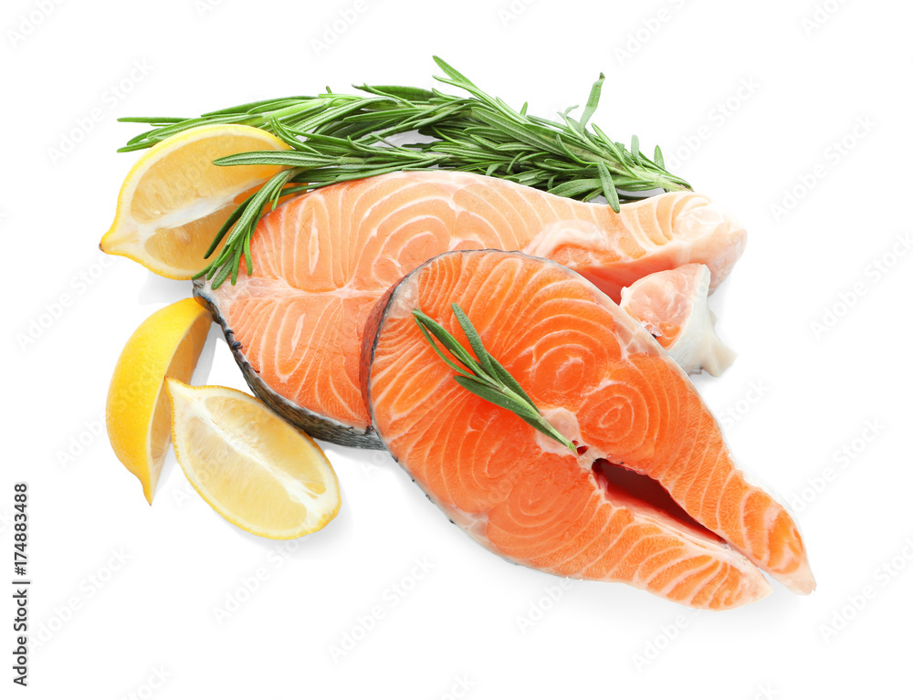 Fresh salmon steaks on white background Fresh salmon steaks on white background