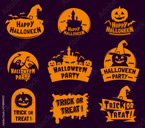 Set of stylized Halloween logos, badges, labels isolated on dark background. Happy Halloween traditional decorative elements. Applicable for greeting cards,invitations, posters, party flyers.
