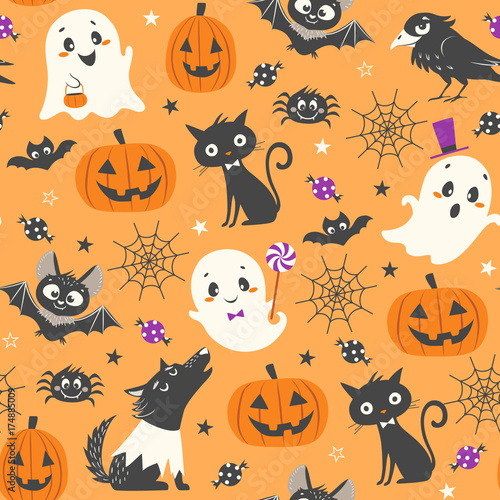 Halloween seamless pattern with cute pumpkins, ghosts, black cat, bats, raven, skin-walker and sweets on orange background.