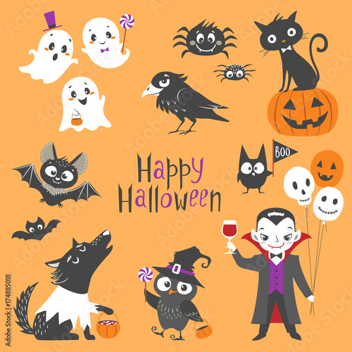 Set of cute Halloween characters.  Pumpkin  ghosts  bats  black cat  raven  spiders  vampire  skin-walker and owl isolated on orange background.
