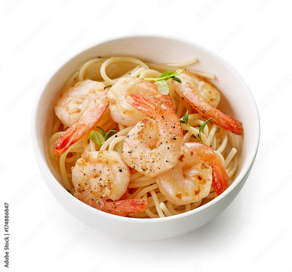 Bowl of spaghetti and fried prawns Bowl of spaghetti and fried prawns