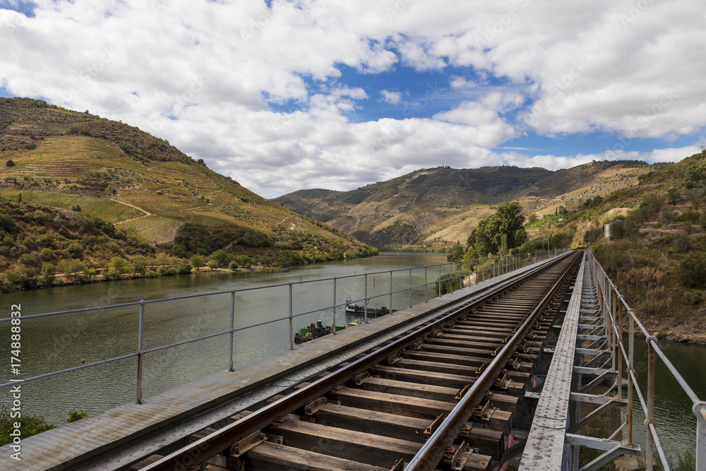 Train tracks along the Douro River in the wine region of the Douro Valley in Portugal; Concept for travel in Portugal and in the Douro Region