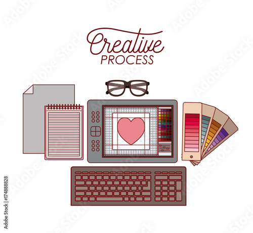 set work elements for creative process for graphic design colorful silhouette with keyboard on white background