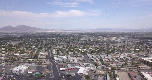 Las Vegas Aerial Panorama with city skyline, mountain and streets by the Stratosphere. photo