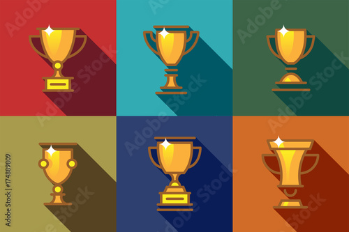 Set flat icon golden trophy cups and awards