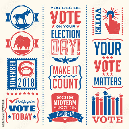Set of patriotic design elements to encourage voting in United States elections. For web banners, cards, posters.