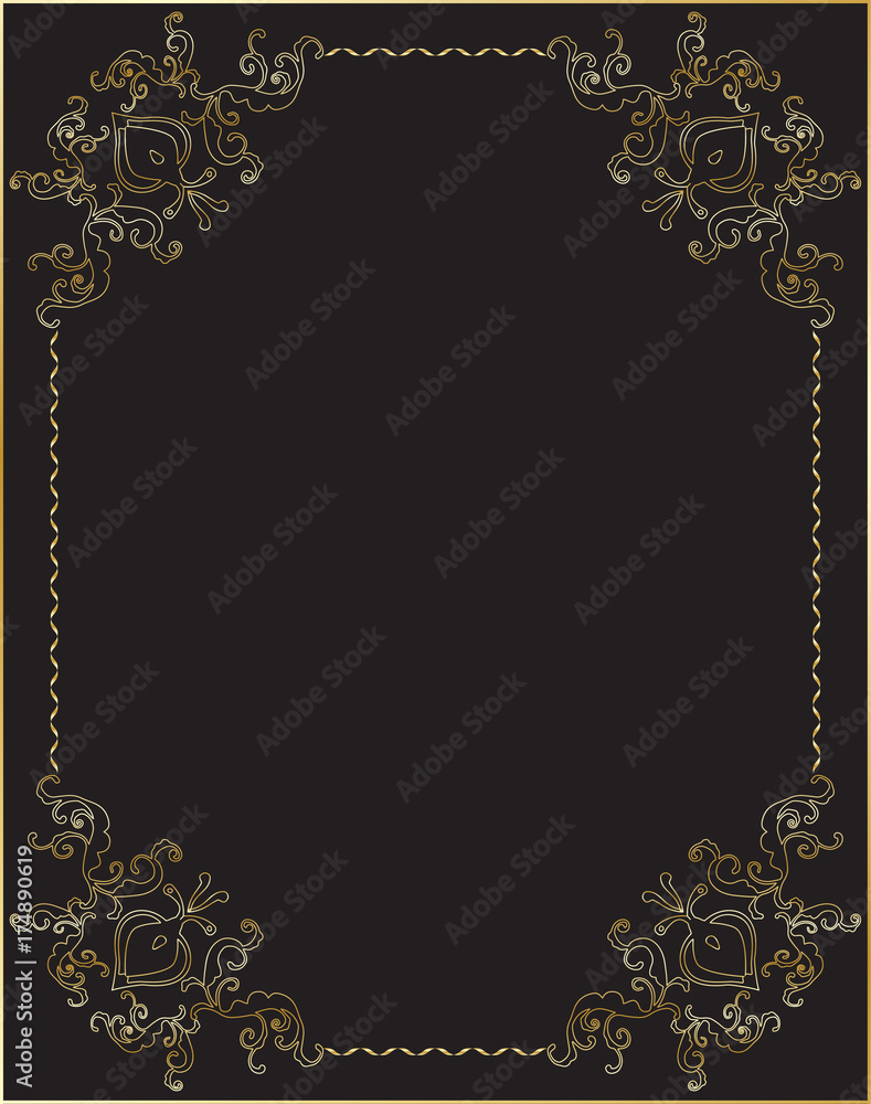Embroidery gold floral blooming frame with decorative floral elements. Traditional golden vintage folk border ornament on black background for fashion design graphic print. Ethnic Asian blossom vector