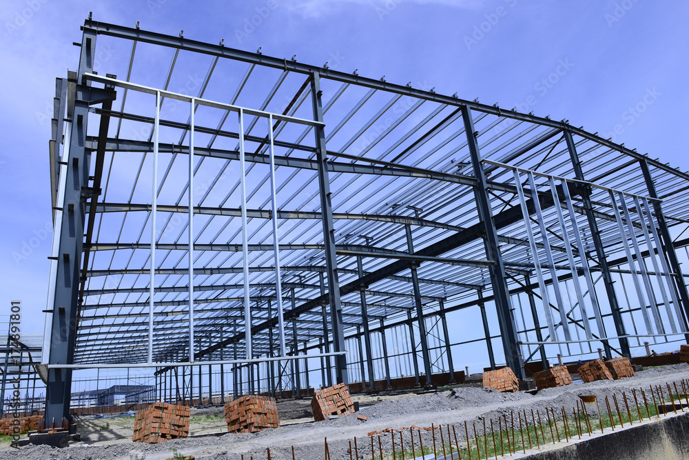 The steel frame structure is under construction