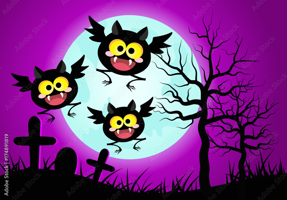 Halloween concept vector illustration.Happy bats with blue full moon background. Halloween concept vector illustration.Happy bats with blue full moon background.