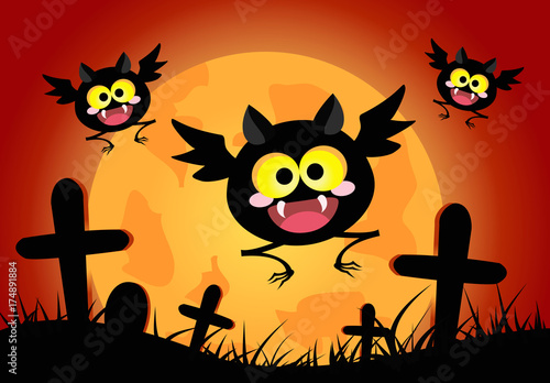 Happy bats with orange full moon background. halloween concept vector illustration.