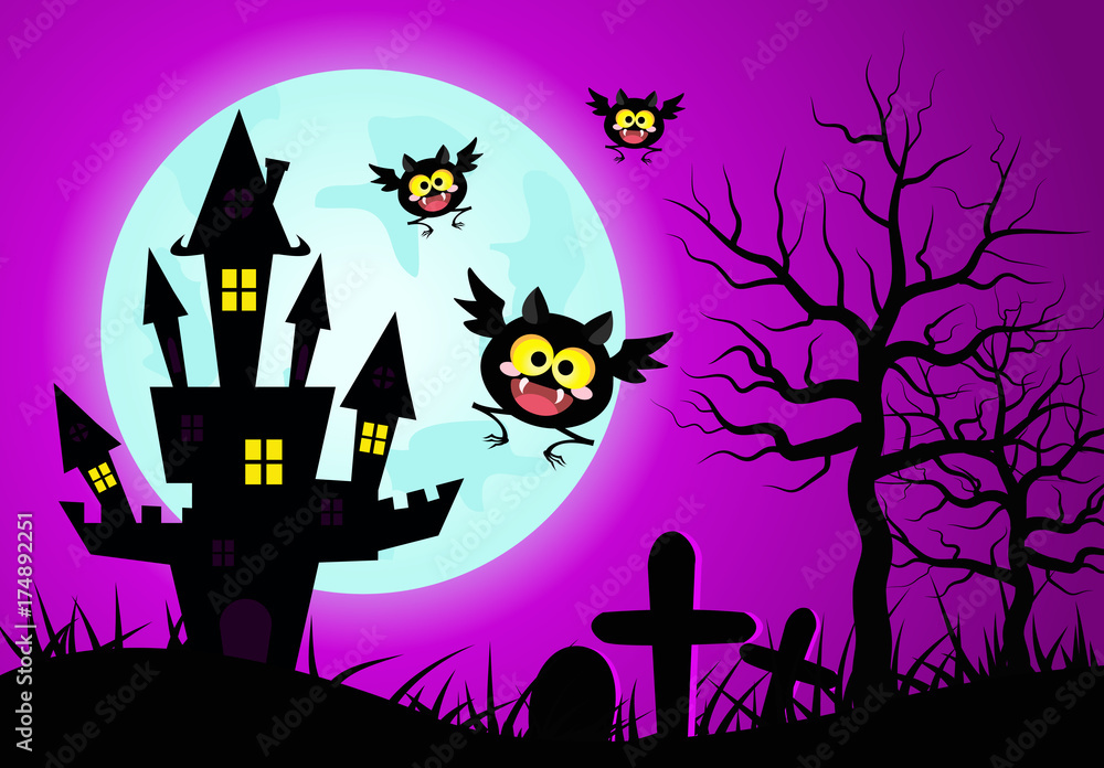 Halloween with dark castle and cute bats on blue Moon background.vector illustration.