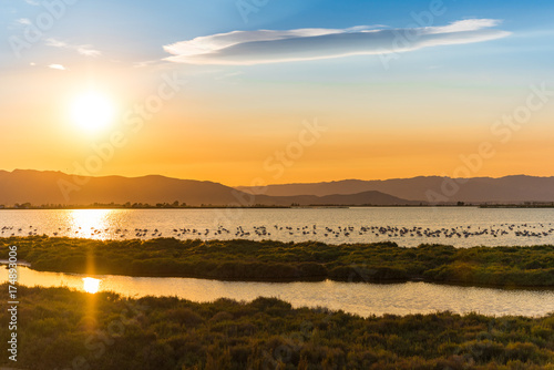 Sunset at the mouth of the Ebro Delta and wetlands, Tarragona, Catalonia, Spain. Copy space for text.