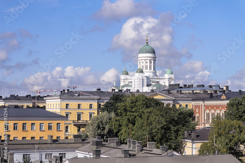 Scenic summer panorama of the Market Square  Kauppatori  at the Old Town pier in Helsinki  Finland