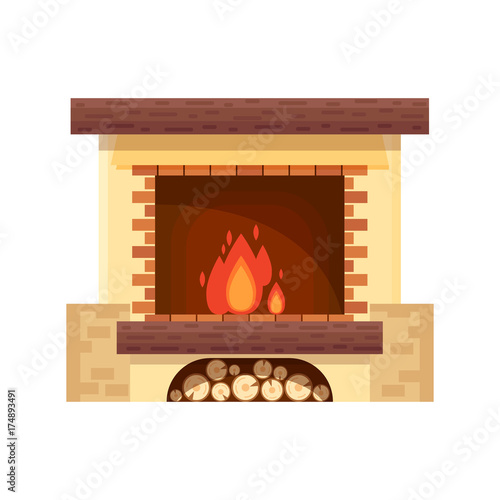 Vector fireplace icon logo design in flat style. Fire warm, Cozy Home interior - stock vector illustration