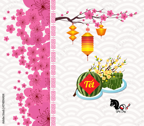 Cooked square glutinous rice cake and blossom, Vietnamese new year. (Translation "Tết" : Lunar new year)