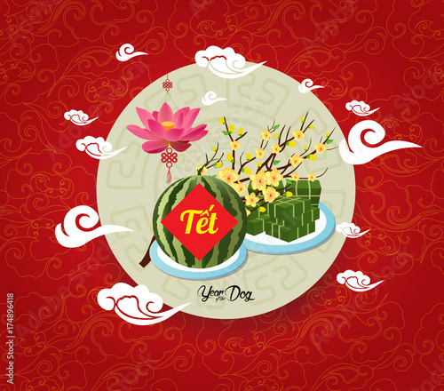 Cooked square glutinous rice cake and lotus, Vietnamese new year. (Translation 