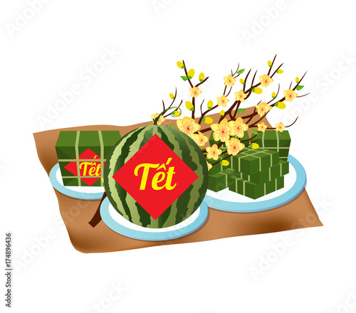 Cooked square glutinous rice cake, Vietnamese new year. (Translation 