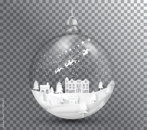 Xmas and happy new year glass ball on transparent background, paper art landscape with tree and house design. vector illustration photo