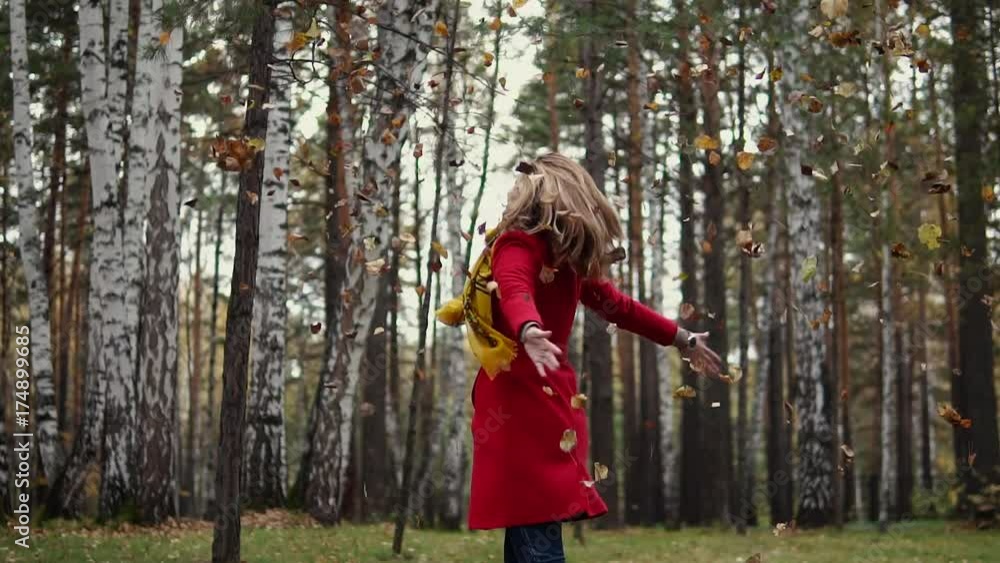 young woman throws up fallen yellow leaves and having fun. the girl in the red coat in the autumn forest. slow motion young woman throws up fallen yellow leaves and having fun. the girl in the red coat in the autumn forest. slow motion