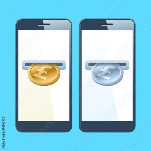 Two mobile phones and pounds. A coin slotes with gold and silver pound are inserting at the screen. Money, banking, online payment, buying, cash concept. Vector flat material design illustration.
