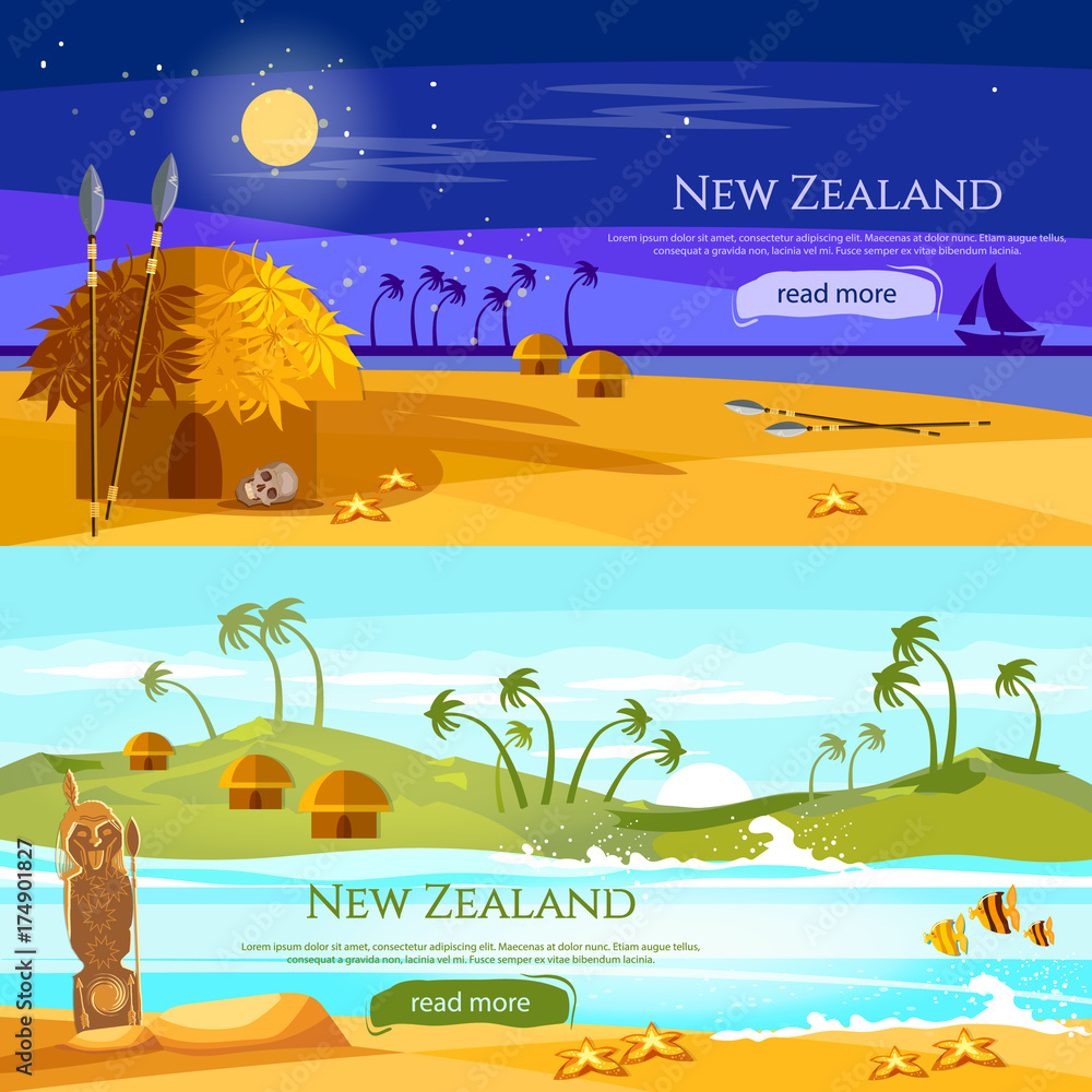 New Zealand banners. Mountains and beach landscape, natives. Village of aboriginals Maori of New Zealand. Tradition and culture New Zealand