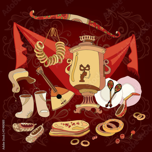 Traditional Russian cuisine and culture. Balalayka, samovar, matryoshka, hand drawn vector. Welcome to Russia
