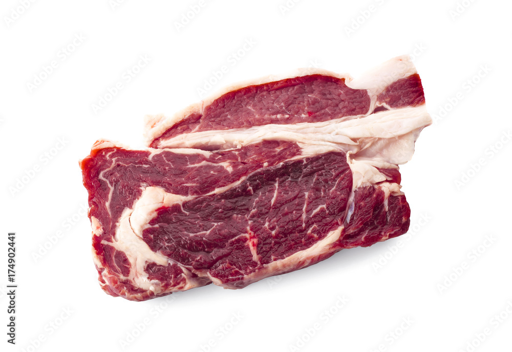 Obraz premium fresh raw beef steak isolated on white background, top view
