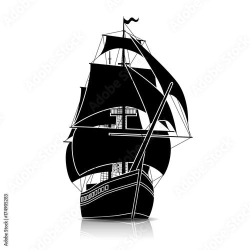 silhouette vintage sailing ship with reflection