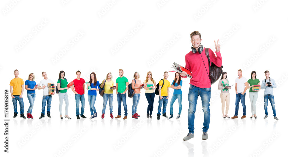 Large group of teenage students isolated on white background. Many different people standing together. School, education, college, university concept. Large group of teenage students isolated on white background. Many different people standing together. School, education, college, university concept.