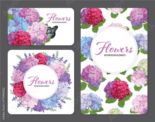 Fototapeta Naklejka Na Ścianę i Meble -  Colorful hydrangea flower with a butterfly and lavender on white background. Vector set of blooming floral for wedding invitations and greeting card design.